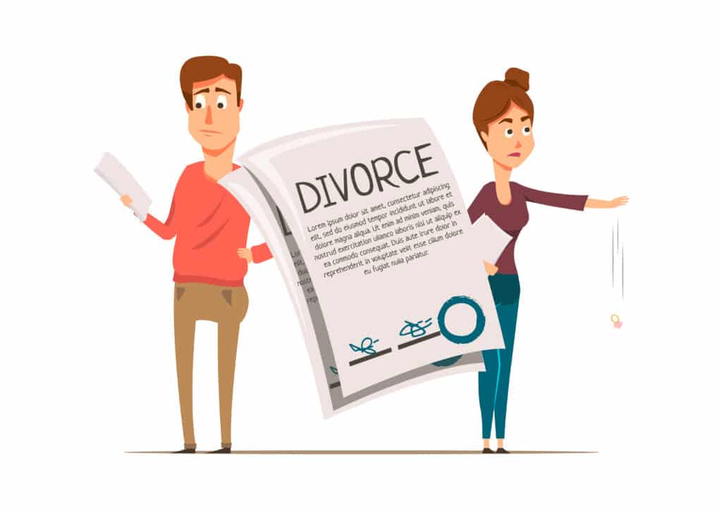 Marriage divorce set flat composition with unhappy partners drawn characters and written contract of marital separation vector illustration